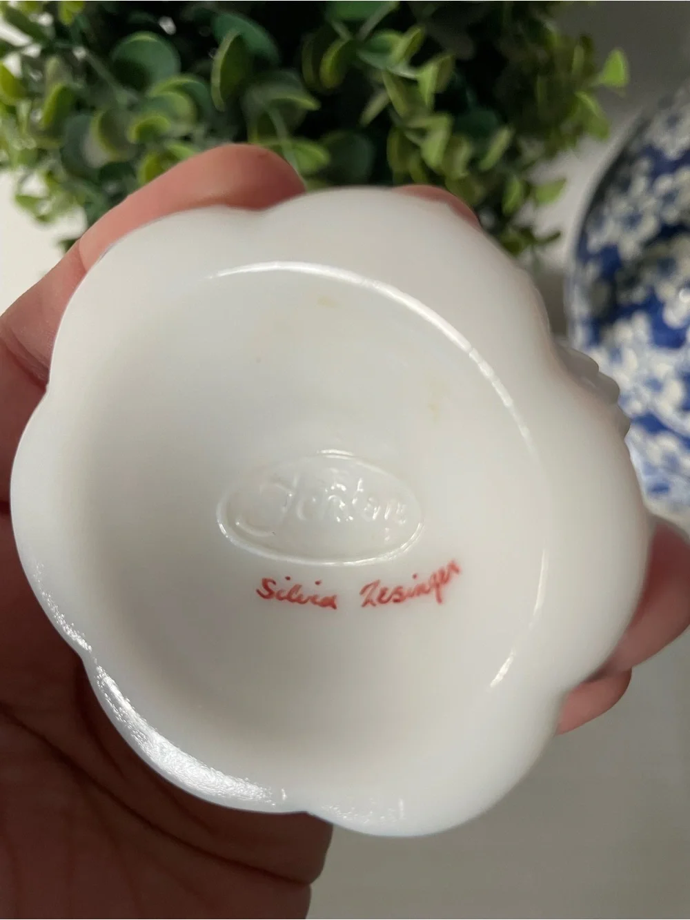 Signed Fenton Rose Garden Milk glass Hobnail Vase signed Sylvia Lesinger